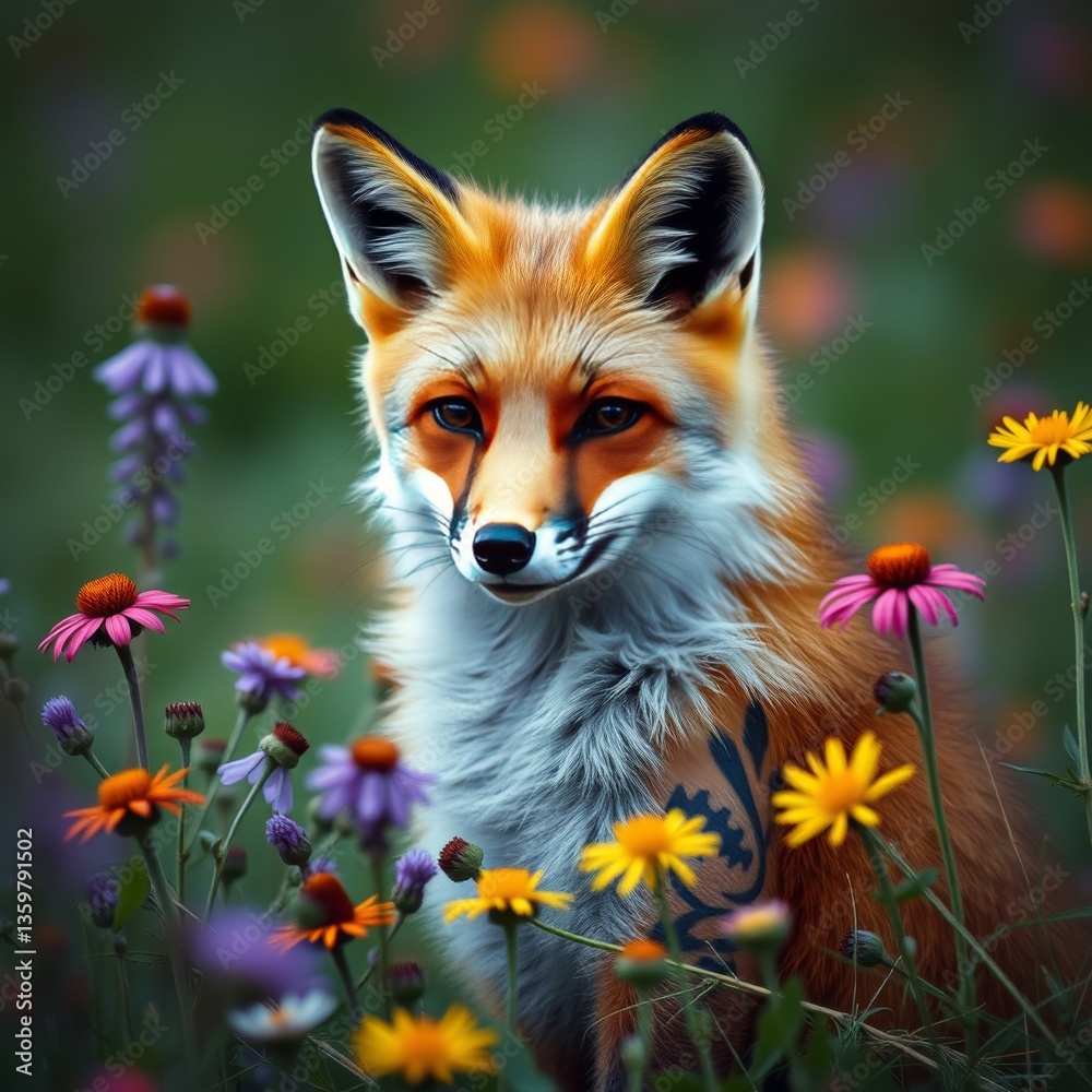Fototapeta premium Fox surrounded by wildflowers tattoo