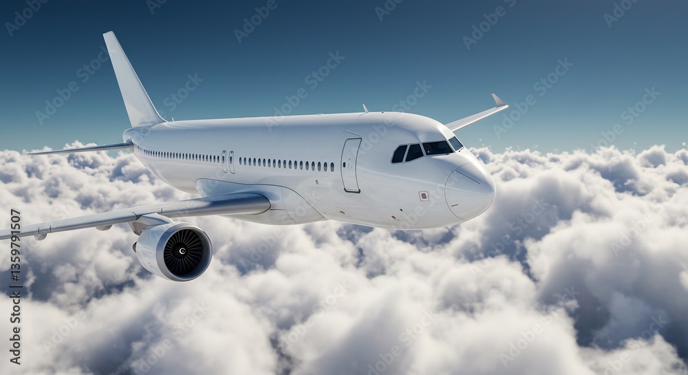 White Airplane Soaring Above Clouds Bright Sunlight. AI Generated White Airplane Soaring Above Clouds Bright Sunlight. AI Generated