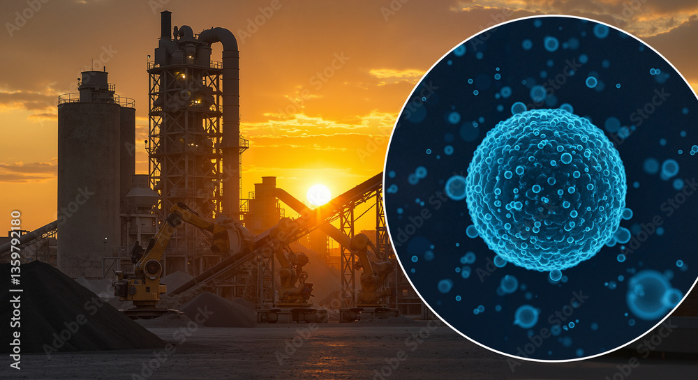 Industrial landscape with sunset and scientific cell illustration
