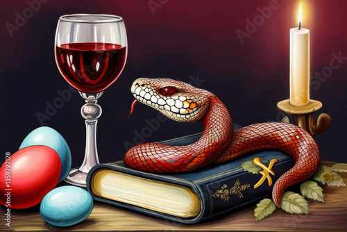 The Bible is on the table, a snake is lying on it. The cross rises above the snake, next to it are painted chicken eggs. Catholic Easter.
