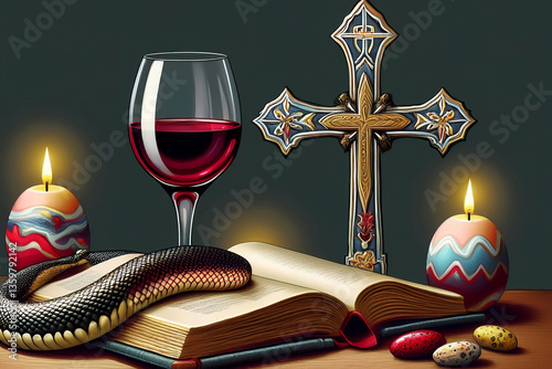 The Bible is on the table, a snake is lying on it. The cross rises above the snake, next to it are painted chicken eggs. Catholic Easter.