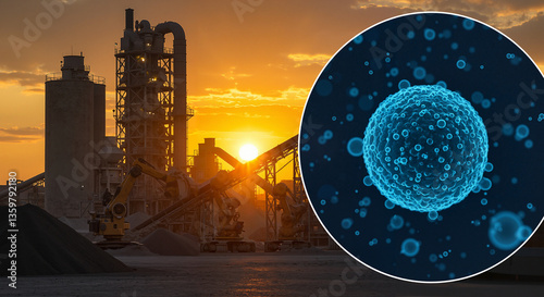 Obraz na płótnie Industrial landscape with sunset and scientific cell illustration w salonie
