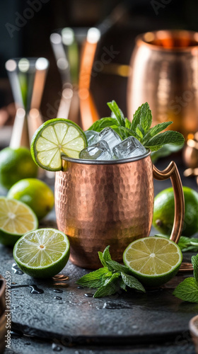 Moscow Mule cocktail in a copper mug with lime and ice