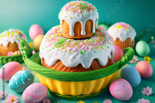 Easter cakes in a basket and next to it. In the basket and on the table lie multi-colored chicken eggs. Flowers decorate the picture; they lie around the basket.