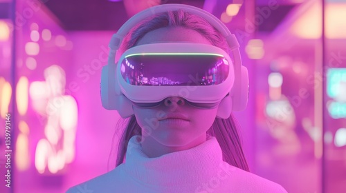 Woman wearing a white shirt and white headphones is looking at a screen.