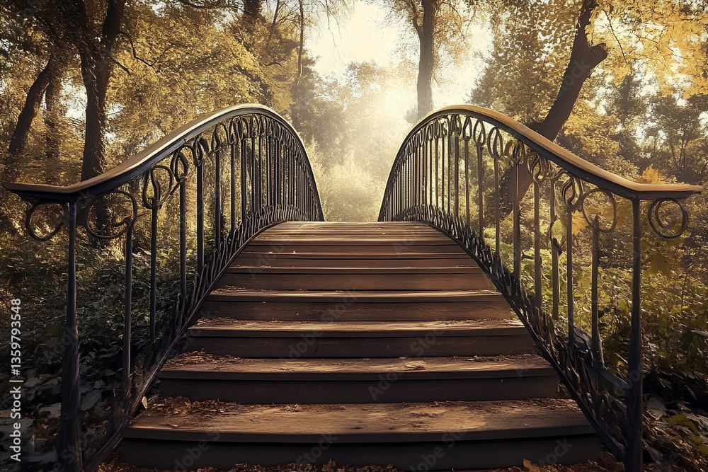 Fototapeta premium Charming wooden bridge crossing a stream in a vibrant autumn forest with colorful fall foliage