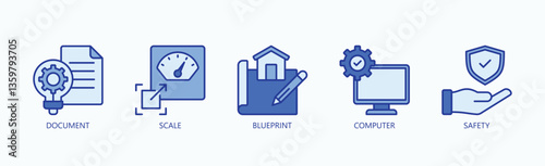 Framework For Scalable And Secure Digital Documentation Icon Set Vector Illustration Concept With Icon Of Document, Scale, Blueprint, Computer, Safety In Blue Style