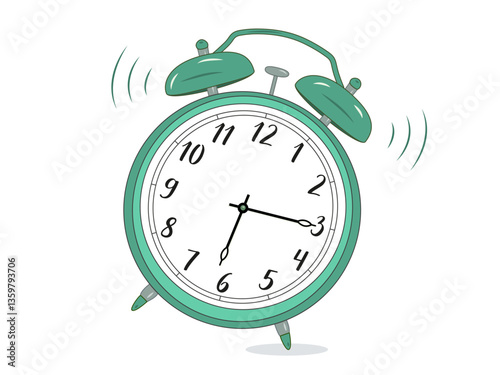 Illustration of a classic mechanical alarm clock with two bells and a hammer clanging. The clock face shows 6:15, with motion lines indicating the ringing effect. Simple design on a white background