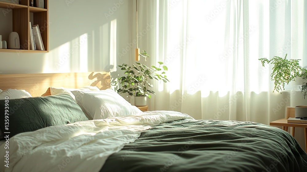 Cozy Scandinavian bedroom, simple bed with green and white bedding, light wood furniture, sunlight enhancing the natural and fresh design, wide-angle front-facing view Cozy Scandinavian bedroom, simple bed with green and white bedding, light wood furniture, sunlight enhancing the natural and fresh design, wide-angle front-facing view