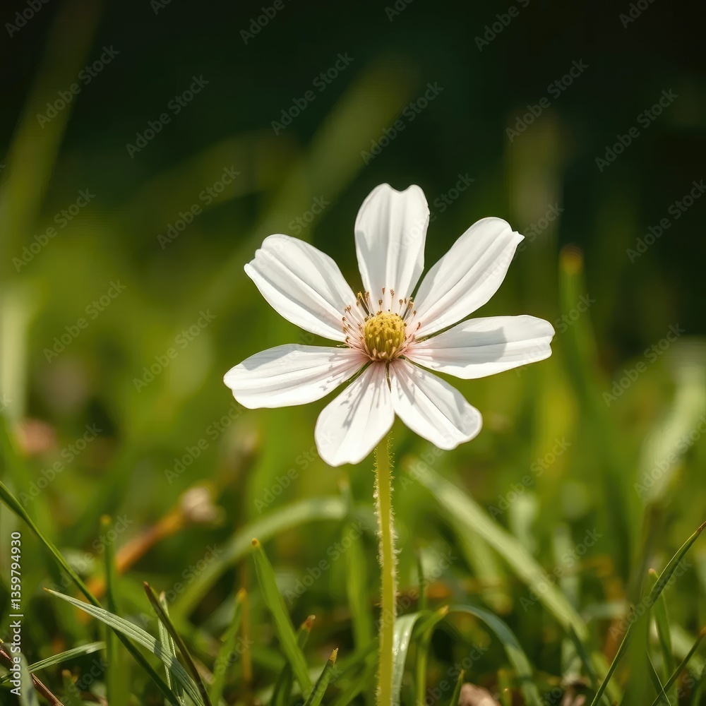 Delicate petals of a white wildflower sway in the gentle breeze, grass, nature Delicate petals of a white wildflower sway in the gentle breeze, grass, nature