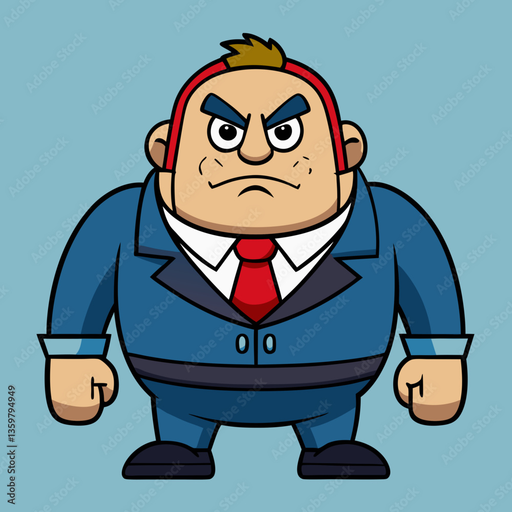Obraz premium Angry Boss: An illustration of a stern-faced, cartoonish boss in a professional suit, radiating authority and displeasure.