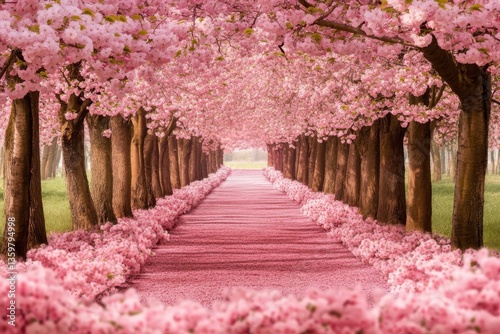 Blossoming cherry trees line a serene pathway in springtime splendor