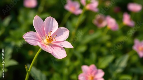 Delicate pink flower with soft petals in green garden, botany, fresh