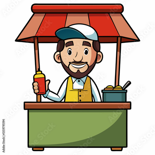 Food Vendor's Friendly Stand: An illustrated food vendor stands ready behind a brightly colored stall, offering delicious treats, presenting a vibrant scene of culinary joy.