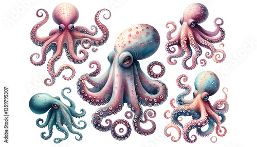 Watercolor drawing of octopuses. Pattern of octopus