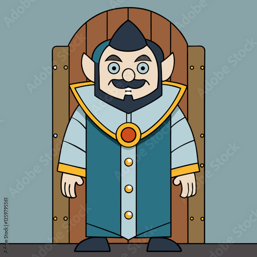 Royalty Cartoon: A regal cartoon figure, exuding an air of authority and charm, is poised before a grand wooden door, the essence of leadership and fantasy.