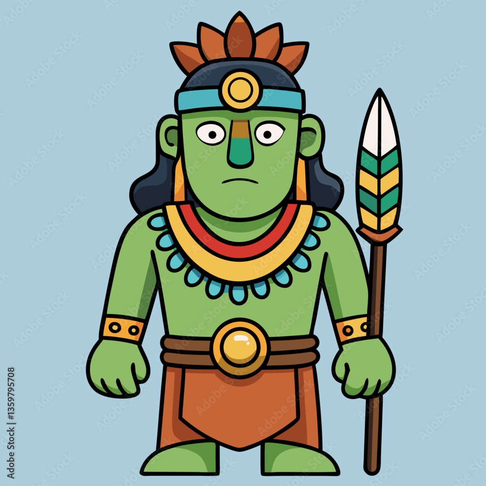 Obraz premium Ancient Warrior Illustration: A stylized, cartoon-like illustration of an ancient warrior. The warrior holds a spear, exuding an air of strength and cultural depth.