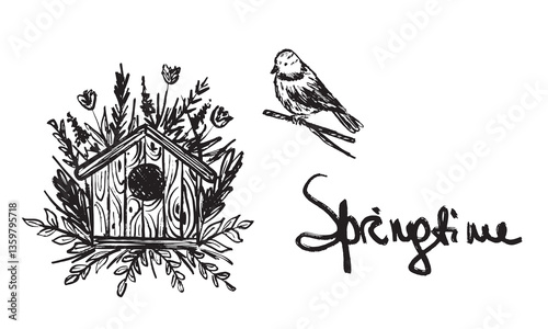 Bird feeder birdhouse and bluetit in black brush stroke texture isolated on white background. Hand drawn vector sketch illustration in vintage charcoal ink. Spring park, nature. Greeting card design