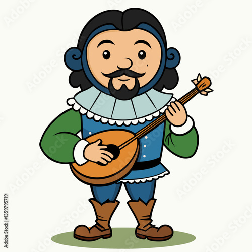 Musical Troubadour: A charming illustration of a troubadour in historical attire, playing his lute with a joyful expression. The artwork captures the spirit of music and the elegance of the past.
