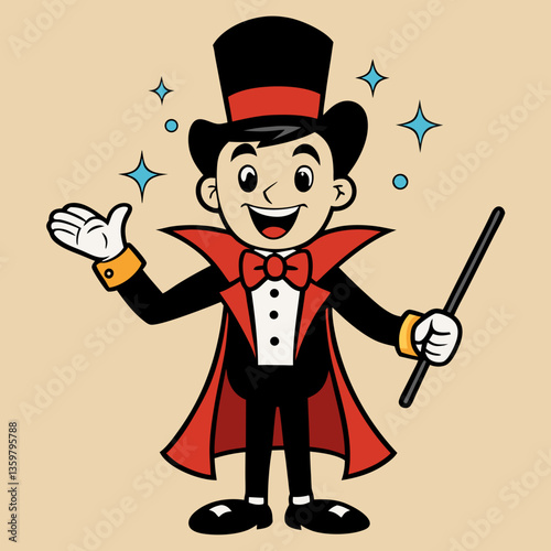 Magic Performance: A captivating cartoon magician in a classic suit and top hat conjures an illusion, sparking wonder and amazement.