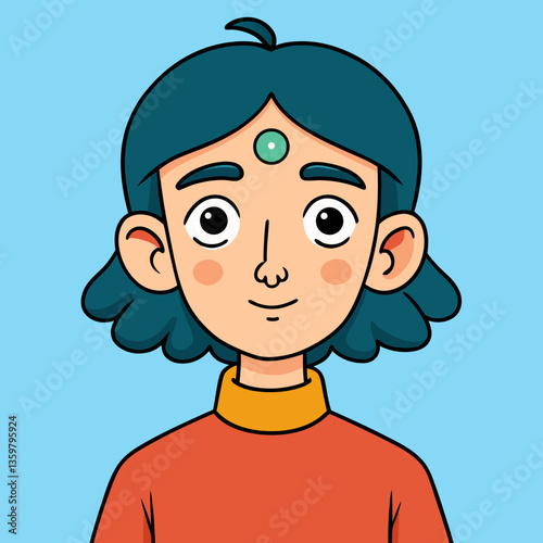 A Portrait of Serenity: An endearing illustration presents a serene figure with a serene countenance. With gentle eyes, the figure exudes a sense of tranquility. The artistic style is cartoon-like.
