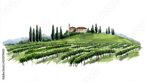 Watercolor Painting of a Tuscan Vineyard and Farmhouse