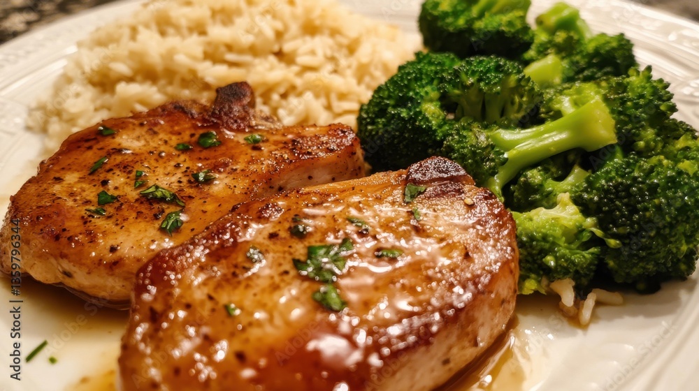 Honey garlic pork chops served with fluffy rice pilaf and crisp steamed broccoli for a balanced and flavorful meal. Honey garlic pork chops served with fluffy rice pilaf and crisp steamed broccoli for a balanced and flavorful meal.