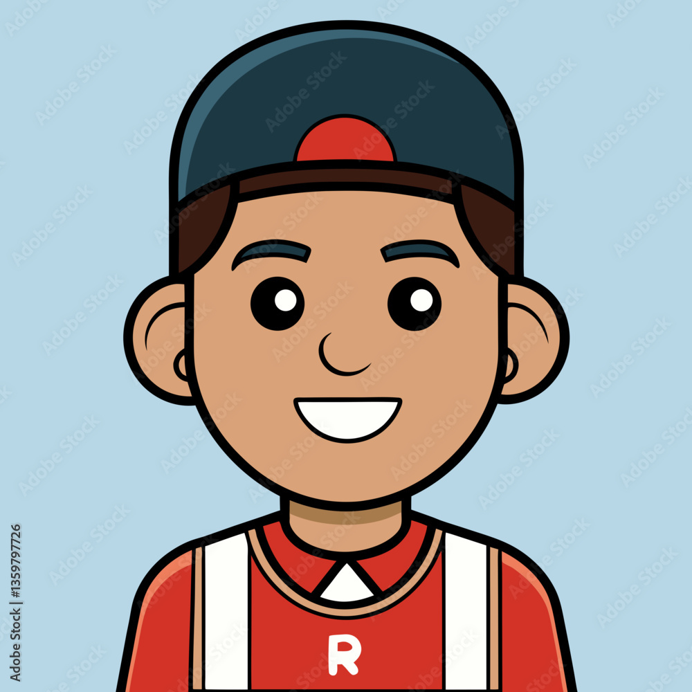 Obraz premium Young Man in Casual Attire: A youthful individual, sporting a casual red t-shirt and a cap, smiles warmly at the viewer.