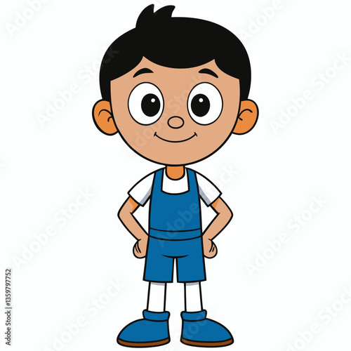 Youngster in Blue Overalls: A cheerful and youthful boy stands confidently, hands on hips, with a bright, welcoming expression, the embodiment of innocence and optimism.