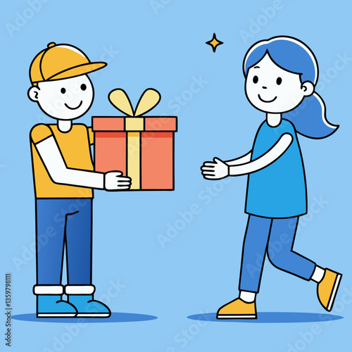 Gift Delivery: A cheerful delivery person hands over a wrapped gift to a delighted recipient, symbolizing generosity and anticipation.