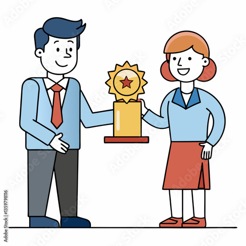 Achievement Award: A professional person, elegantly dressed, presents a gold star award, symbolizing recognition, and celebrates achievement.