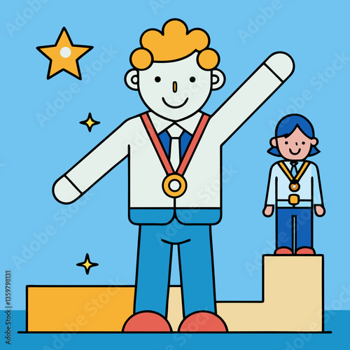 Champion on the Podium: A triumphant individual celebrates victory with a medal, standing proudly on a podium, capturing the essence of success and recognition.
