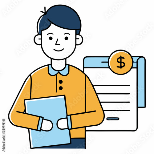 Financial Advisor: A friendly figure stands next to a digital document, clutching a financial report, embodying trust and expertise in financial guidance.
