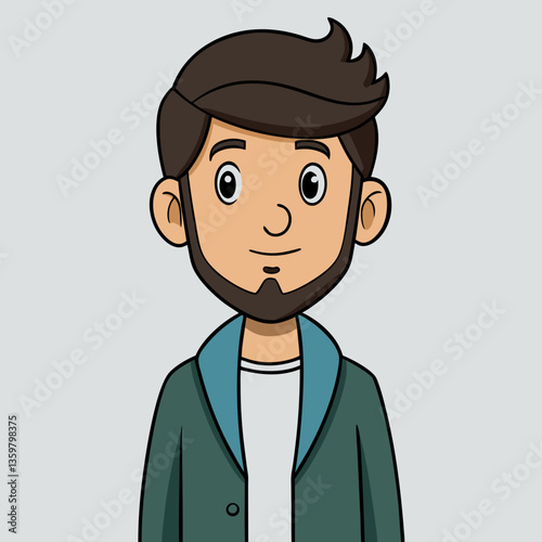 Friendly Cartoon Male Portrait: A cheerful, cartoon male portrait with a neatly trimmed beard, dark hair, and a subtle smile, exuding a friendly and approachable vibe.