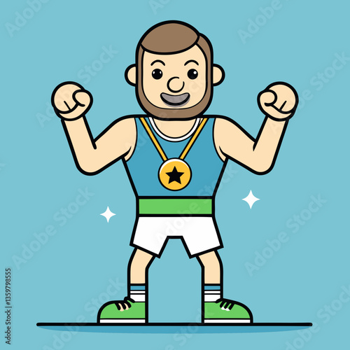 Champion in Blue: A cartoon athletic champion, flexing his muscles and proudly displaying his medal on a blue background. A symbol of victory and personal triumph.