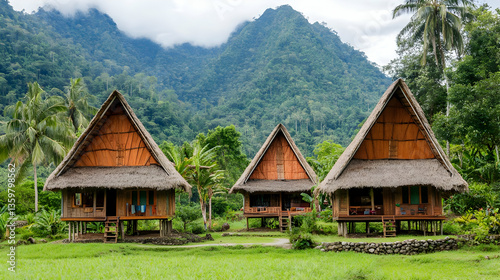 Traditional Wooden Houses in Mountainous Village Landscape photo