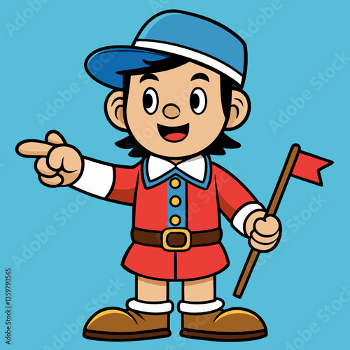 Cartoon Scout with Flag and Directive Gesture: A cheerful cartoon scout, adorned in a cap, uniform, and holding a flag, points forward with a definitive gesture.