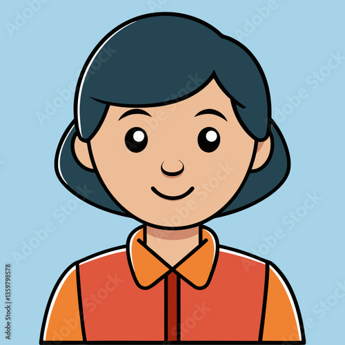 Cartoon Young Woman: A young woman with short hair, dressed in an orange collared shirt, smiles warmly in a clean, inviting cartoon illustration.