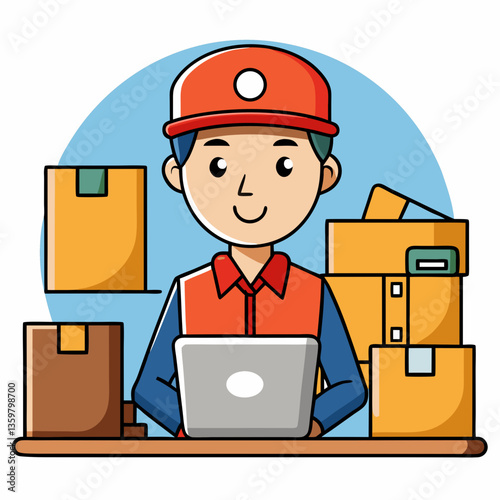 Delivery Man Using Laptop: A friendly delivery man, wearing a cap and uniform, efficiently manages packages with a laptop, ensuring timely delivery and customer satisfaction.