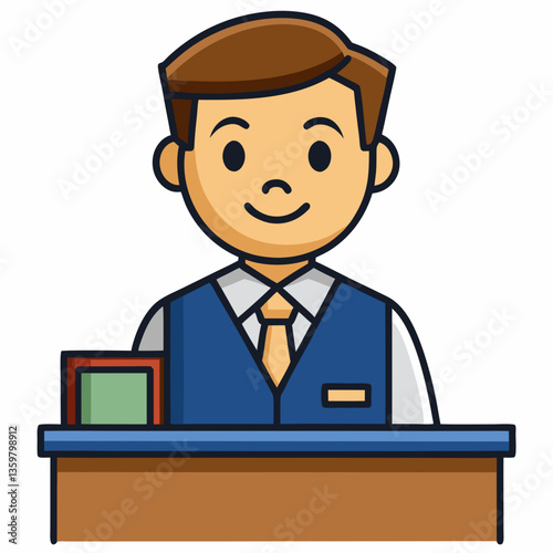The Helpful Receptionist: A professional receptionist stands behind a desk, offering friendly service with a welcoming smile and professional attire.