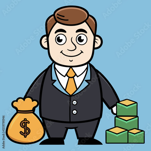 Wealthy Visionary: The figure of a businessman, a beacon of financial acumen, is illustrated in a style that whispers prosperity. Beside him, an overflowing money bag, brimming with opportunity.