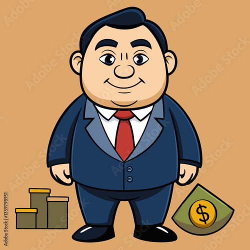 Businessman with Assets: An illustration captures a businessman in a suit with a big smile standing proudly besides money and gold bars, symbolizing prosperity and success.