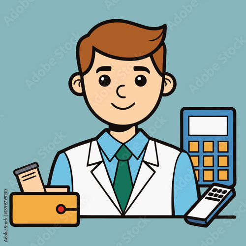 Focused Pharmacist's Portrait: A well-dressed pharmacist in a clean lab coat, exudes confidence as he manages medications, a calculator, and remote.