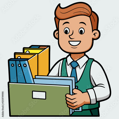 Organized Business Files: A cheerful office worker, holding a box of meticulously organized files, embodies the essence of efficiency and effective management within a professional setting.