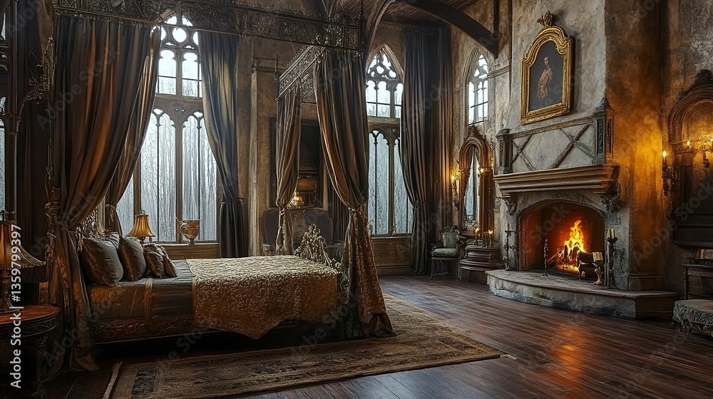 Fototapeta premium Grand medieval bedroom, four-poster bed with gilded accents, tall arched windows with heavy curtains, antique furniture, warm firelight flickering in a stone fireplace, front-facing perspective. 
