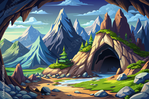 landscape with mountains and rocky cave with stones illustration cartoon