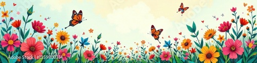 A whimsical illustration of a magical garden with doodle-style flowers, butterflies, and birds, outdoor decor, garden