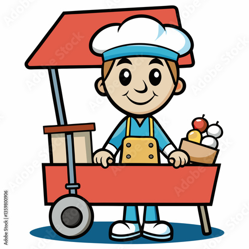 Sweet Delights: A cheerful vendor with a chef hat, standing proudly behind his vibrant red ice cream cart, ready to serve up frozen treats.