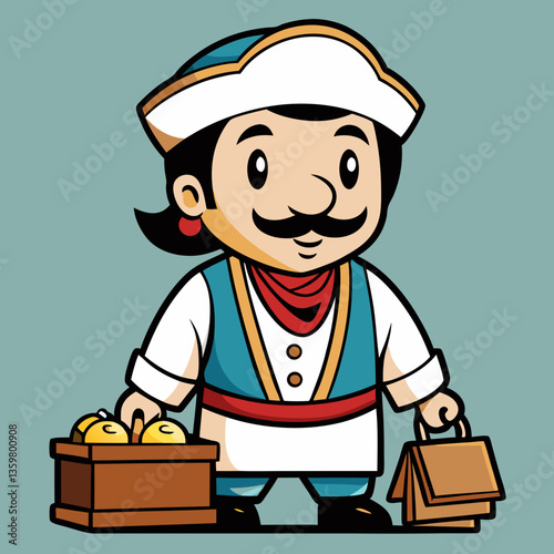 Street Vendor Icon: An illustration of a cheerful street vendor in traditional attire, with a basket of delicious food, ready to offer culinary delights.