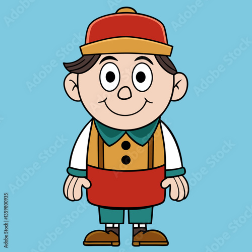 Smiling Shopkeeper Cartoon: A cheerful cartoon shopkeeper with a friendly smile, wearing a red apron and cap, stands ready to assist customers.